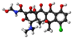 Ball-and-stick model of the clomocycline molecule
