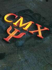 The cover of Ψ. Letters glowing red hot on a dark floor, spelling out 'CMX' then, on a new line, 'Ψ'.