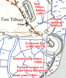 Map showing the locations of East Tilbury, Coalhouse Fort, the detached wing battery, the radar tower and the possible locations of the medieval defences and East Tilbury Blockhouse