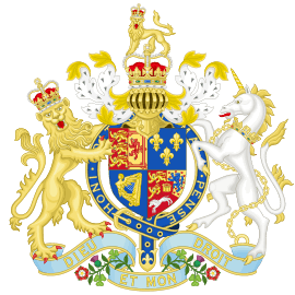 Quarterly, I Gules three lions passant guardant in pale Or impaling Or a lion rampant within a double-tressure flory-counter-flory Gules; II Azure three fleurs-de-lys Or; III Azure a harp Or stringed Argent; IV tierced per pale and per chevron, I Gules two lions passant guardant Or, II Or a semy of hearts Gules a lion rampant Azure, III Gules a horse courant Argent, overall an escutcheon Gules charged with the crown of Charlemagne Or