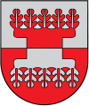 A coat of arms depicting five red leaves in a straight, horizontal row on a grey background at the top and five grey leaves on a red background at the bottom
