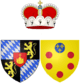 A quartered shield. Upper left and lower right are a blue and grey diamond crosshatch. Upper right and lower left are a crowned yellow lion rampant on a black field. Over all, in the centre, is a small red shield bearing a gold cross atop the middle of three gold hills.