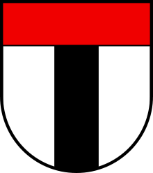 Argent a pale sable, under a chief gules