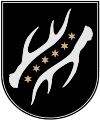 A coat of arms depicting six yellow stars in a diagonal line running from the bottom left to the top right all on a black background