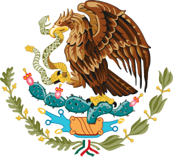 Coat of arms image with large brown bird in center, holding a snake in its beak, and standing on a cactus with leaves and ribbons below