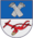A coat of arms depicting two grey sheaves of wheat on a blue background at the top and a red plowshare on a grey background at the bottom