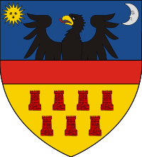 Blue, red and yellow shield with an eagle, the sun, moon and seven castle turrets
