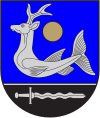 A coat of arms depicting a grey animal with the body of a fish and the head of a deer on a blue background at the top and a sword on the bottom