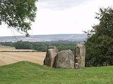 Three large grey boulders stand, adjacent to each other, on an area of grass in the foreground of the picture. In the background, the land drops dramatically to reveal an area of lower farmland.