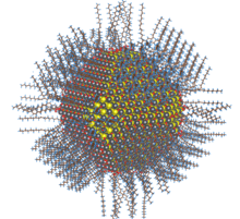 A 3D computer-generated atomic model of a spherical nanoparticle with long-chain molecules attached to its surface