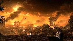 The image is of a supposed armaggedon-esque cityscape. Most of the building are on fire, and there are several UFOs flying across the sky.