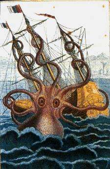 Coloured drawing of a huge octopus rising from the sea and attacking a sailing ship's three masts with its spiralling arms