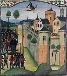 A colourful fourteenth century depiction of the siege of Auberoche, showing a man being fired back into the castle (by a trebuchet}