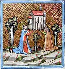 An elderly man and women, each wearing a crown, raise a church.
