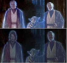 Two images, stacked vertically, of the same scene showing Anakin Skywalker, Yoda, and Obi-Wan Kenobi. The top image shows an older man as Anakin. The bottom image shows a younger man as Anakin.