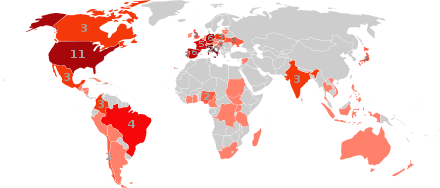 A numbered choropleth world map showing the number of cardinal electors for the papal conclave of 2005 from each country