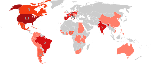 A numbered choropleth world map showing the number of cardinal electors for the papal conclave of 2013 from each country