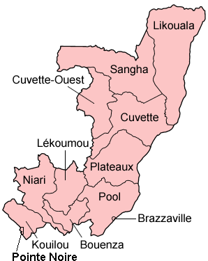 A clickable map of the Republic of the Congo exhibiting its twelve departments.