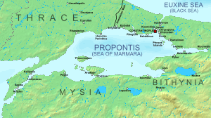 Geophysical map of the Marmara Sea and its shores, with main settlements of medieval times