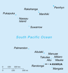 map of the Cook Islands with water in blue and land as blue circles. Shows two major island groups with one to the north and one to the south
