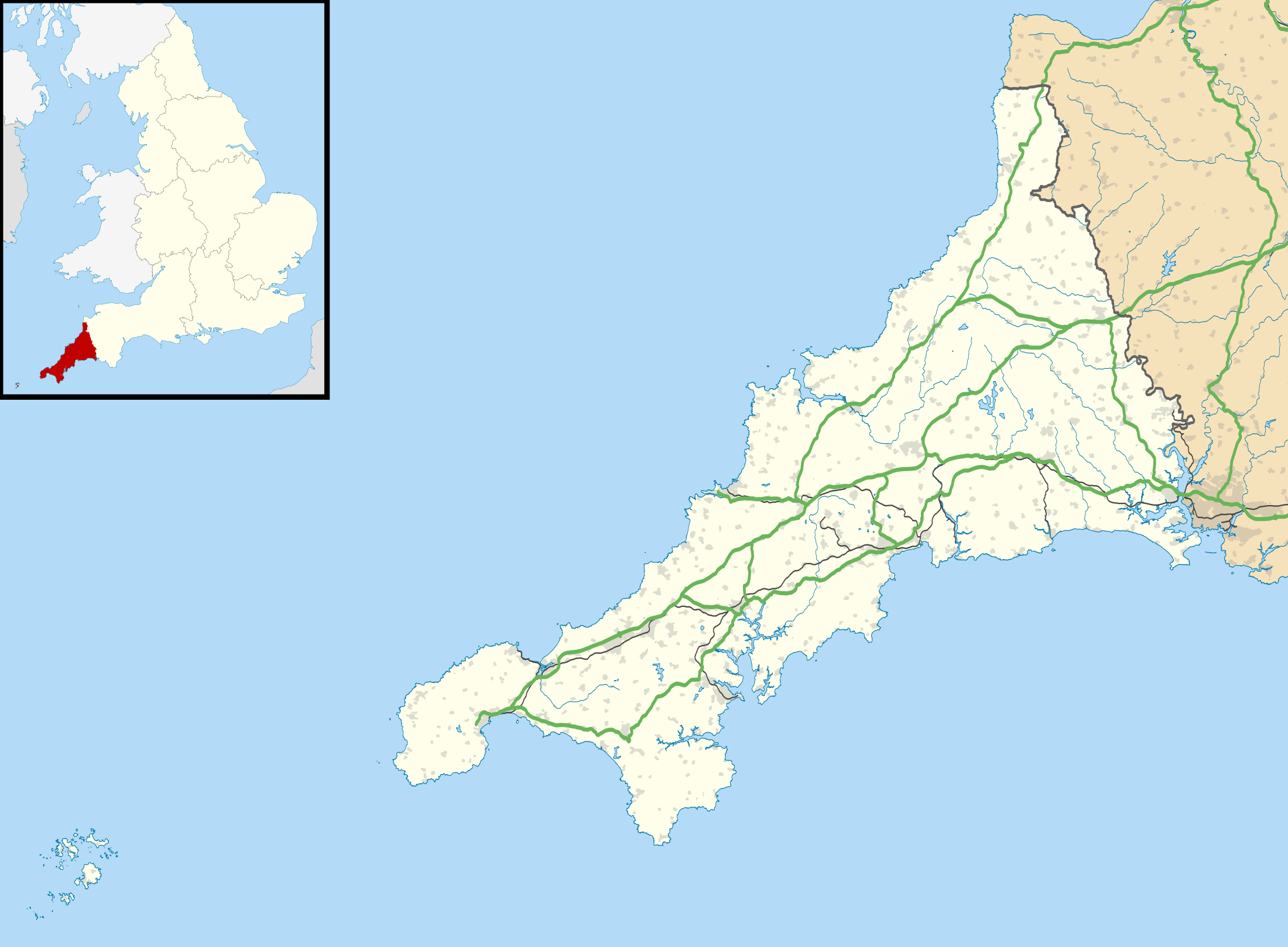A map showing Cornwall and the Isles of Scilly, with major roads marked. Inset in top-left corner shows Cornwall within the UK