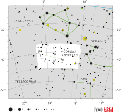 Diagram showing star positions and boundaries of the Corona Australis constellation and its surroundings