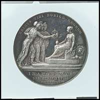 Medal of a queen, seated, being offered a crown by allegorical figures