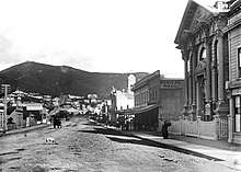A black and white photo of the view east down Courtenay Place, around 1900