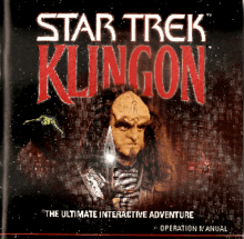 Gowron holding a D'K Tahg knife with various Klingon scenes in the background.