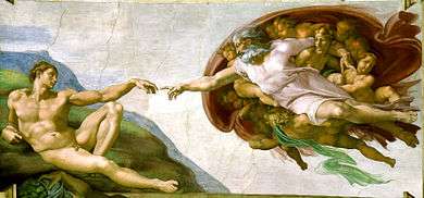  Rectangular fresco. God is in the act of creating the first man, who lies languidly on the ground, propped on one elbow, and reaching towards God. God, shown as a dynamic elderly man, is reaching his hand from Heaven to touch Adam and fill him with life.