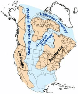Diagram of a tan colored North America, with blue coloring in the middle of the continent representing an ancient sea.
