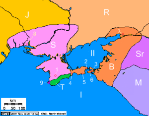 A colored political map of the Black Sea coast with locations shown with numerals and letters.