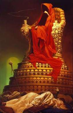 A man wearing a red robe, his face shrouded by the hood, sitting on a throne made out of skulls above several corpses.