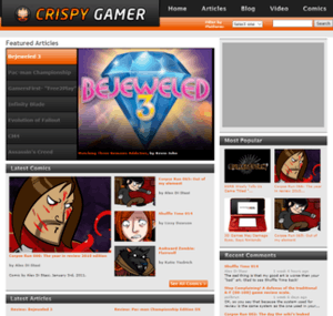 The website featured sections covering many fields of video gaming. From the top section on the left in this screenshot, they were called Featured Articles, Latest Comics, and Latest Articles; the upper and lower sections on the right were called Most Popular [Articles] and Latest Comments.