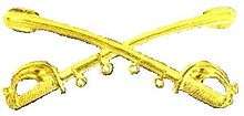 A computer-generated reproduction of the insignia of the Union Army cavalry branch. The insignia is displayed in gold and consists of two sheathed swords crossing over each other at a 45-degree angle pointing upwards