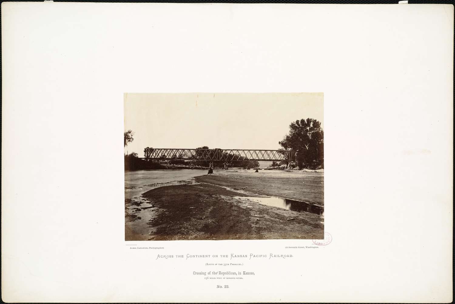The Kansas Pacific Railway bridge across the Republican River and behind that, a pontoon bridge. [ Alexander Gardner (photographer), 1867] The present Union Pacific Railroad and Custer Road/Grant Road (previously U.S. Route 40) still bridge the Republican River at the same locations. Public access to the Kansas River National Water Trail is between the two bridges.