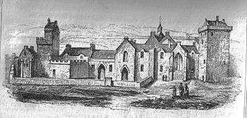 Black and white sketch of an abbey; landscape is in background, with five people in the foreground depicted going about their business.