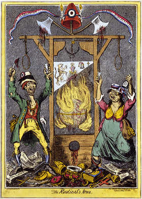 A caricature of French revolutionaries, showing two grotesque French peasants celebrating around a guillotine dripping with blood and surrounded by flames.