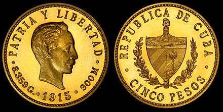 José Martí depicted on the 1915 gold 5 Cuban peso coin.