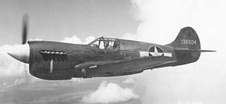 A P-40 Warhawk, a propeller-driven one-seat plane, in flight