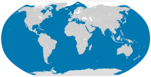 The range distribution of the killer whale, which extends from Antarctica in the south to the arctic circle in the north.