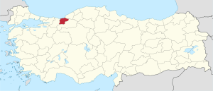 Düzce highlighted in red on a beige political map of Turkeym