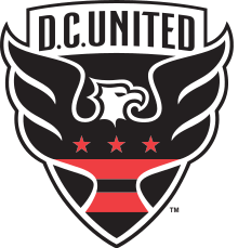 A shield with stylized black eagle facing right with three red stars and two red strips across its chest, and the words "D.C. UNITED above."