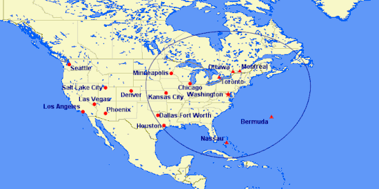 A map of North America with a circle to indicate a 1,250-statute-mile (2,010&nbsp;km) radius from the airport along with major cities inside and outside of the perimeter restriction