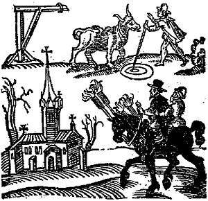black and white composite of man with cow, gallows, church and two men astride a black horse