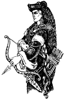 A black and white image of a woman from the waist up. She is facing left. She wears a bearskin cloak, a fur dress, heavy earrings, and several beaded necklaces. A braid of hair is visible under her left arm. She is holding a decorated bow with an arrow drawn, and there is a dagger in a scabbard, and a quiver full of arrows on her hip.