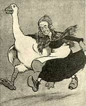 Cartoon image in black and white of a man dressed in a long black dress with a white apron, running with his arm over the back of a pantomime goose that is running alongside him