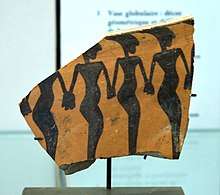 Dancers on a piece of ceramic from Cheshmeh-Ali (Shahr-e-Rey), Iran, 5000 BC. Currently located at the Louvre