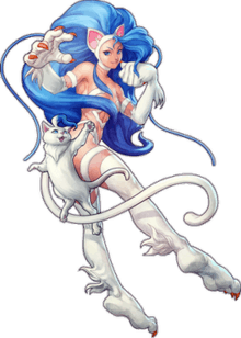 An illustration of Felicia, a naked woman with white strips of fur partially covering her breasts and torso, and entirely covering her arms, legs, and cat-like, clawed hands and feet. She has a mane of long, blue hair, and cat-like ears and tail.