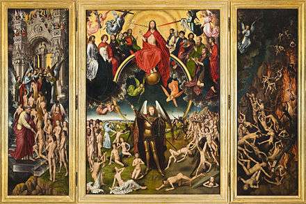A three paneled colour painting. The centre panel shows Jesus sitting in judgment on the world, while St Michael is weighing souls. On the left hand panel, the saved are being guided into heaven, while on the right-hand panel, the damned are being dragged to hell